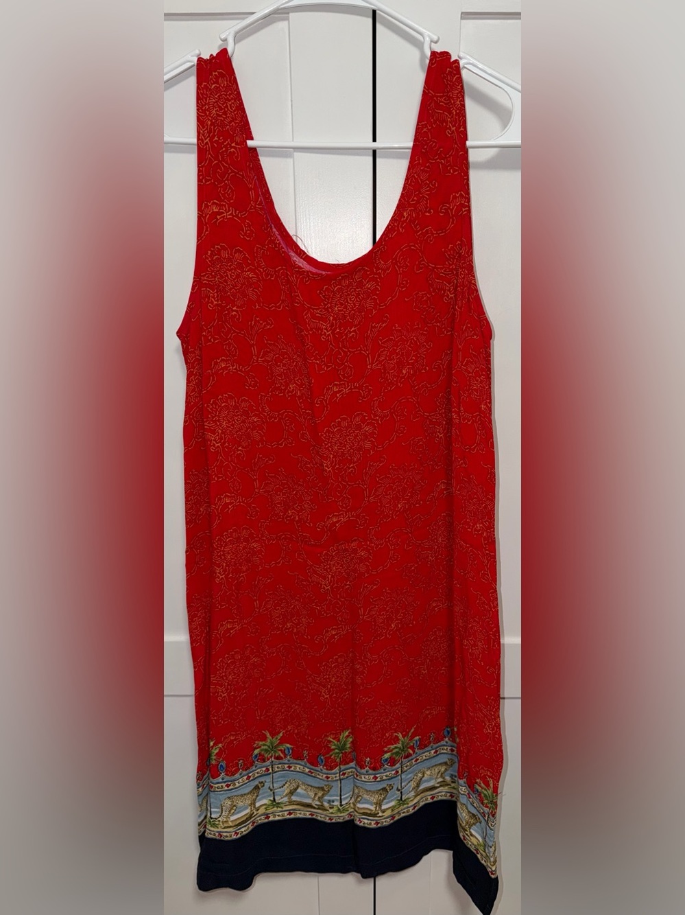 Red Printed Scoop Neck Tank Dress with Coastal Border. Size- M